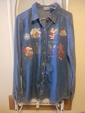 Embroidered Christmas Denim Button-Up Shirt - Blue